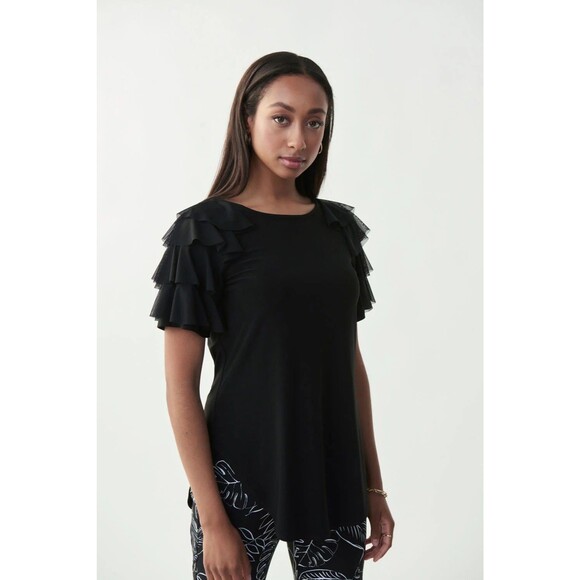 JOSEPH RIBKOFF Tiered Ruffle Sleeve Top 4 Black Blouse Party Formal EUC B61 - Picture 1 of 6